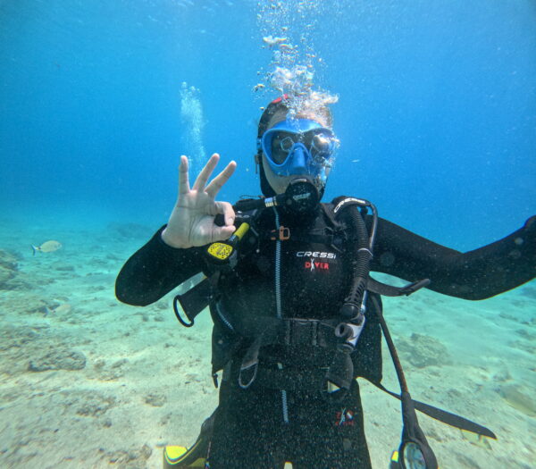 the author underwater in a scuba diving suit making the universal OK sign