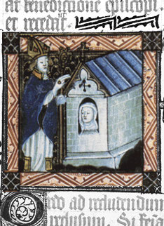Book cover of Acrene Riwle with text in Middle English surrounding a patterned framed illustration of a priest and an Anchoress whose head, covered in white cloth, looks out from a stone-walled cell. Photo from: https://www.bsswebsite.me.uk/History/AncreneRiwle/AncreneRiwle.html