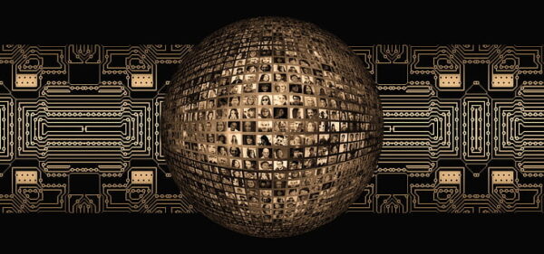 Digital illustration of a gold disco balls with mulitple digital screens making up the individual squares. The sphere is set in front of a gold trimmed pattern resembling computer circuits.